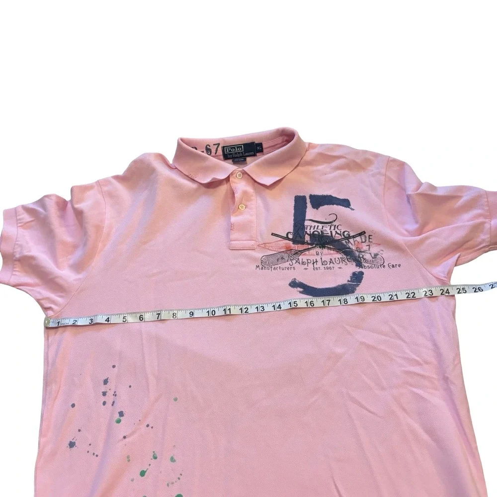 Polo Ralph Lauren Mens XL Pink Athletic Canoeing Graphic Paint Splatter Polo